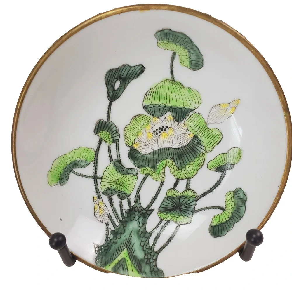 Vintage ACF Japanese Porcelain Ware Bowl Metal Encased 5 3/4” Floral Green MCM